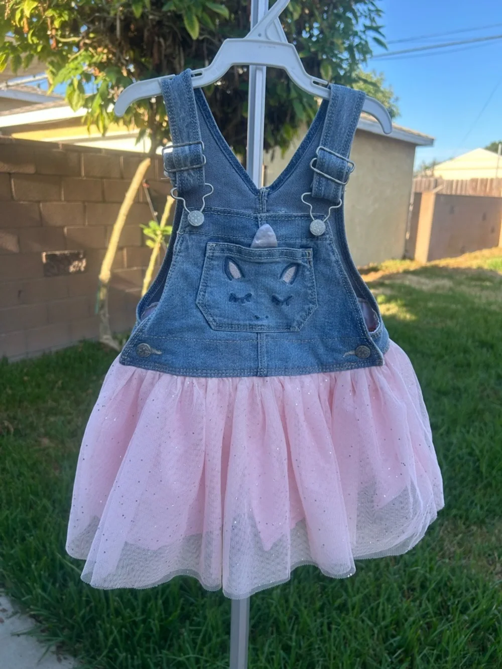 OshKosh B'gosh Blue Denim Overall Dress with Pink Tulle Skirt